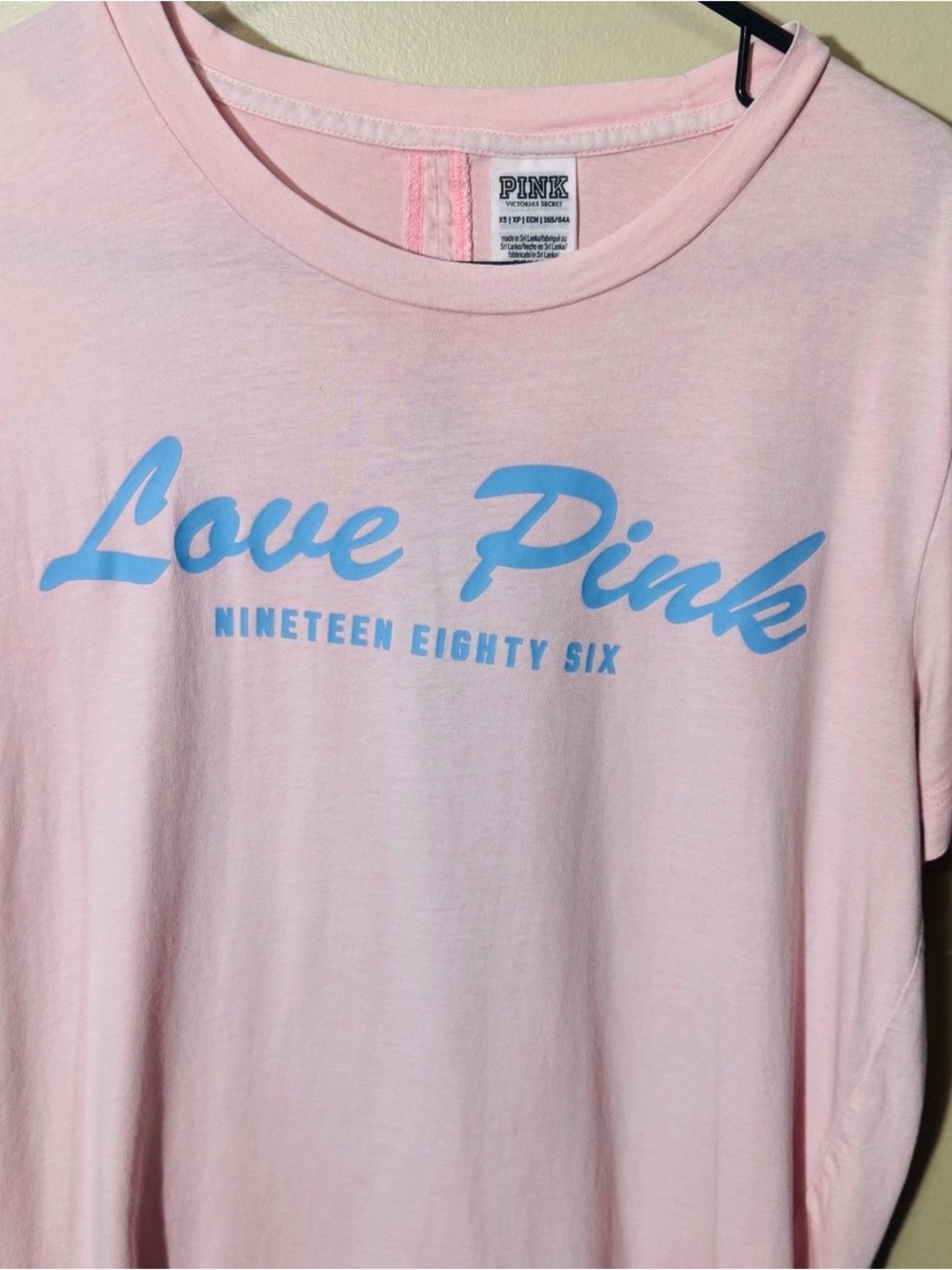 PINK 'Love Pink' Campus Tee - Light Orange with Blue Logo and Open Back